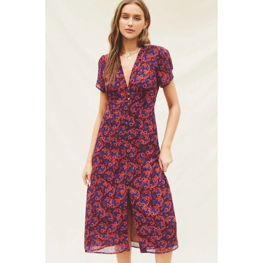 Dress Forum Short Sleeve Floral Button Front Midi Dress in Purple Red Size S NWT - Picture 13 of 13